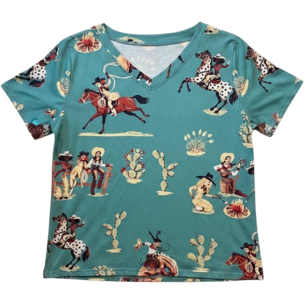 Womens Teal Western Cowgirl Print V-Neck T-Shirt XXL Short Sleeve Cacti Desert